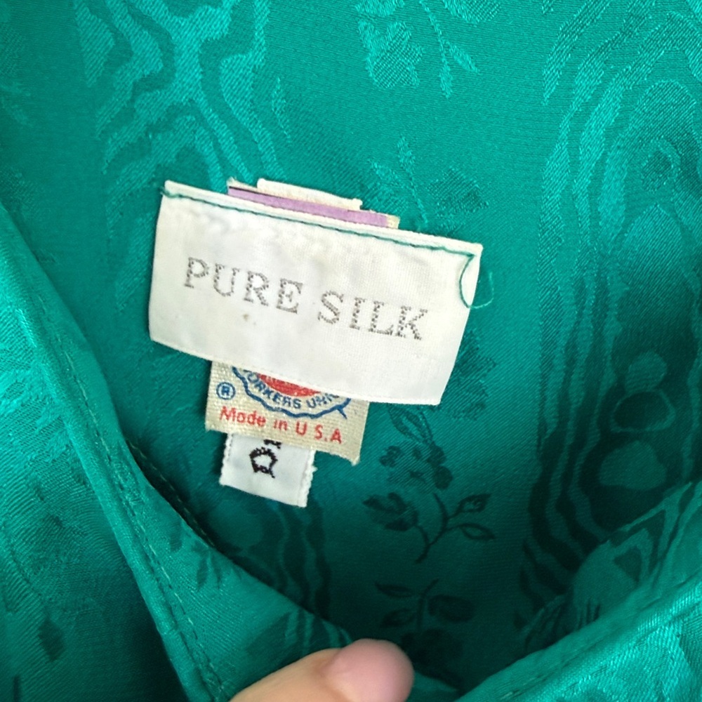 Vintage USA Garment Union Tag Pure Silk Teal Puff Sleeve Pleat Midi Dress Floral - Picture 2 of 13